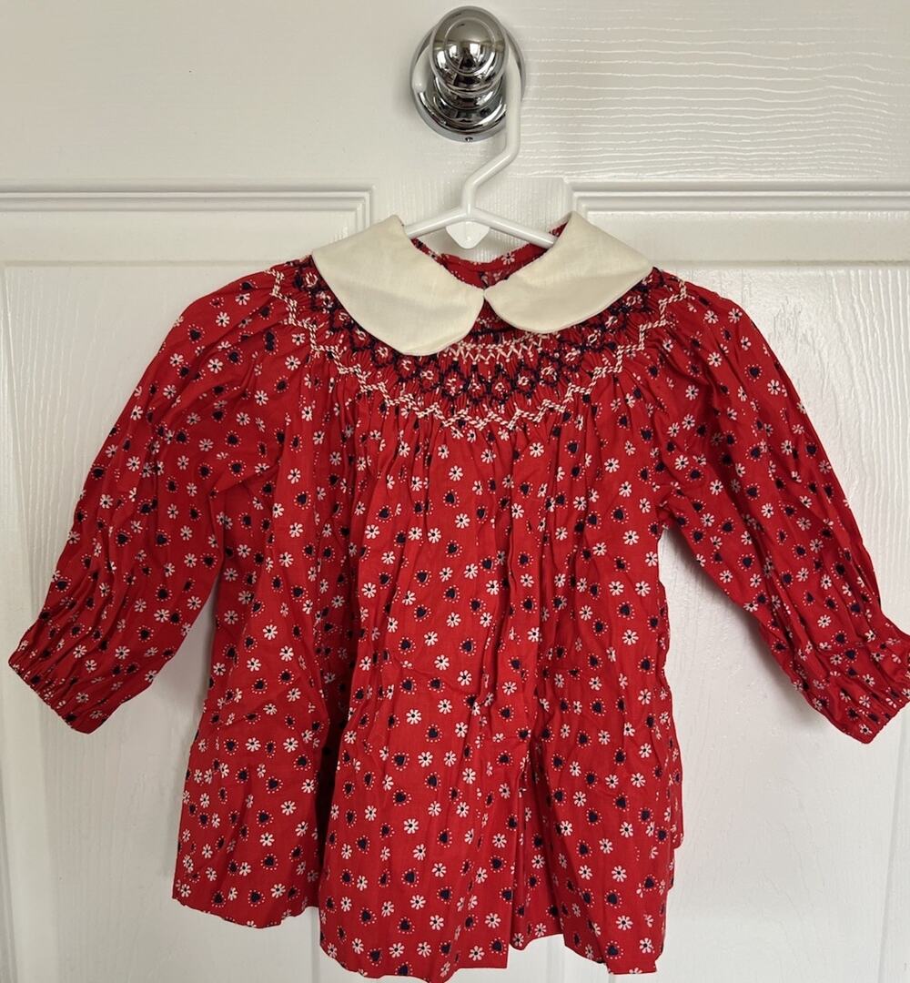 Vintage 1980 Red Calico Floral Hand Smocked Dress Handmade Baby 9-12 Month